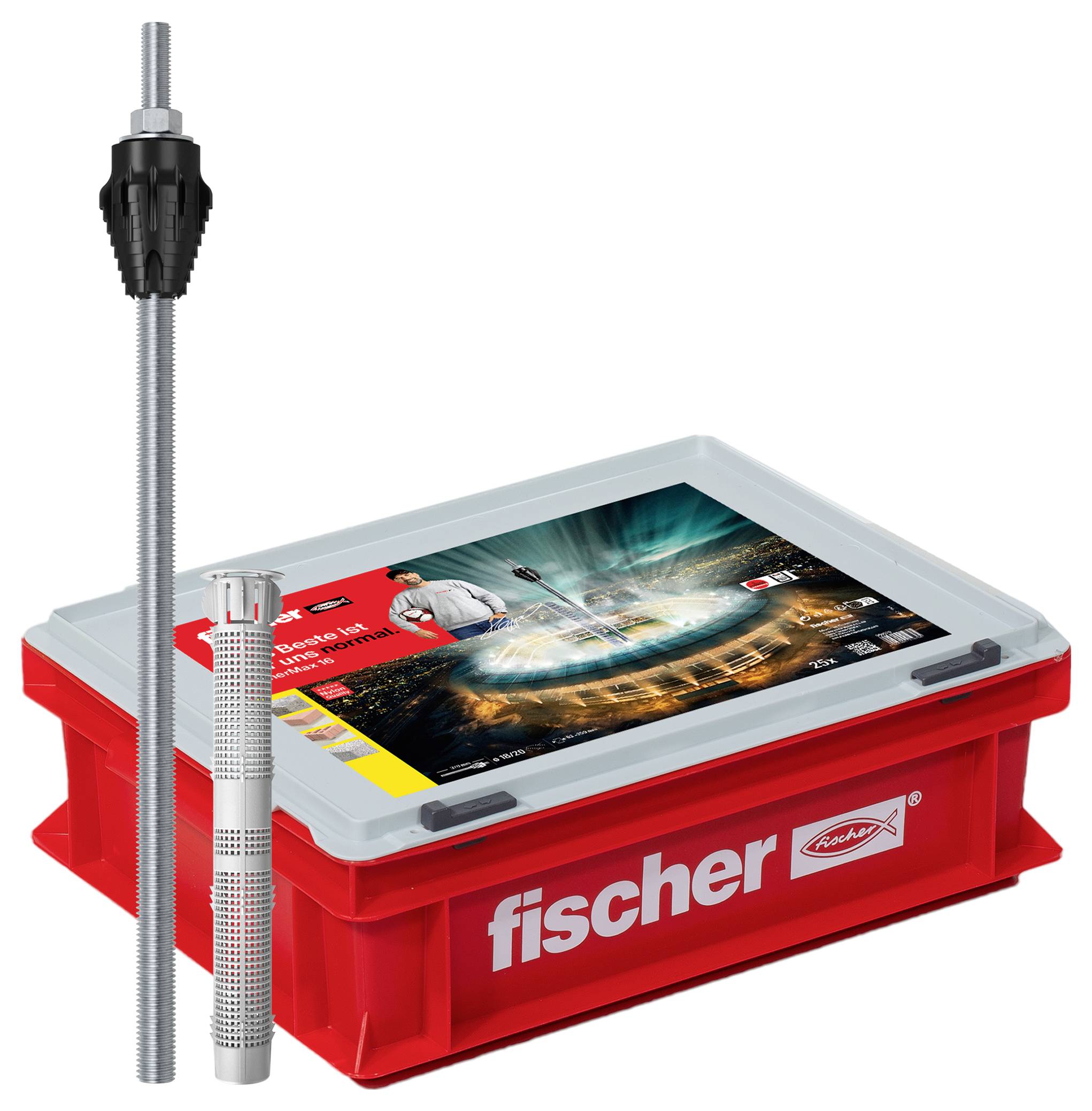 Rote Kunststoffbox mit grauem Deckel von Fischer. Enthält einen Ankerdübel und eine lange Gewindestange. Verpackung zeigt ein Installationsmotiv.