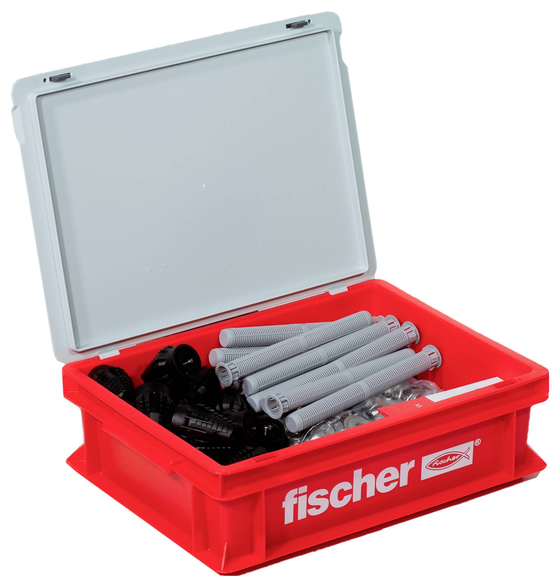 Eine offene rote Box mit verschiedenen Dübeln und Schrauben, die für Befestigungszwecke verwendet werden. weißen 'fischer'-Logo.