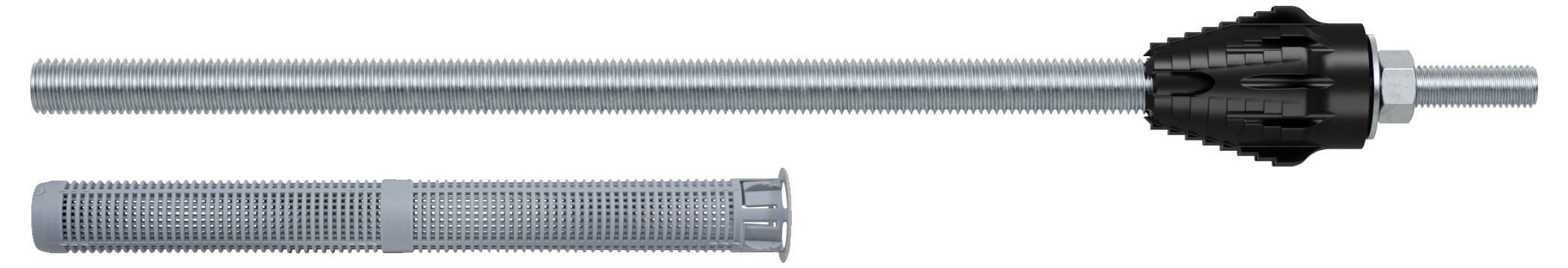 Metallschraube mit schwarzem Kunststoffdübel und grauem Gitterzylinder für sichere Verankerung in Betonwänden.
