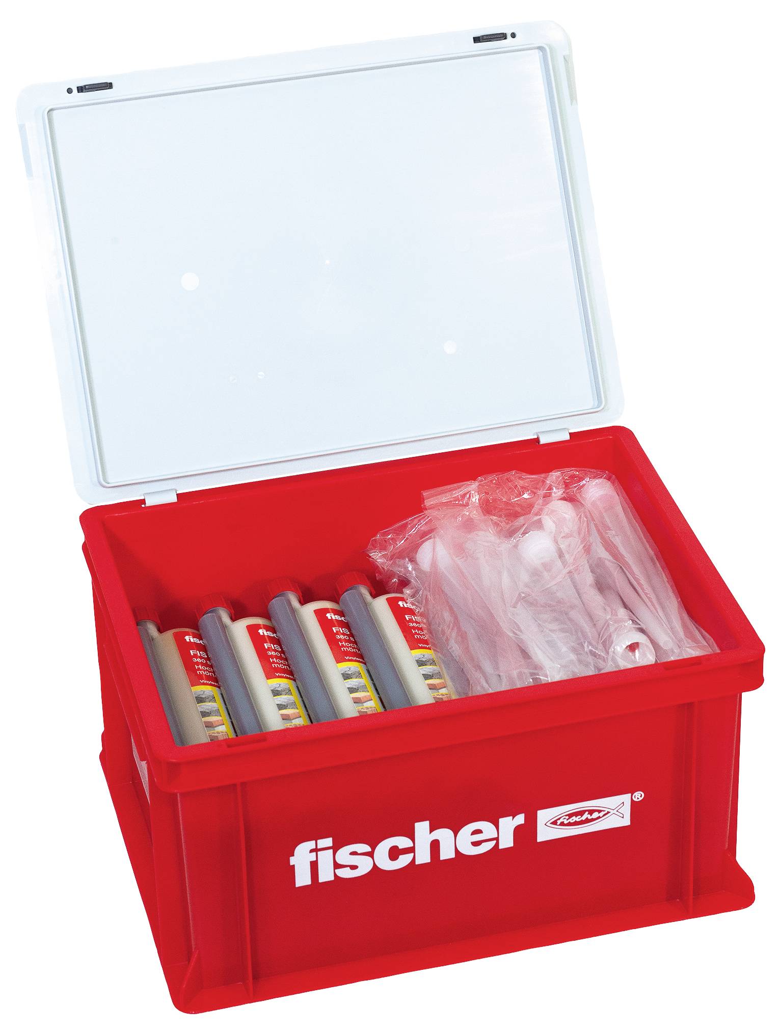 Rote Box mit 'fischer'-Logo, gefüllt mit mehreren Klebstoffkartuschen und transparenten Kunststoffteilen.