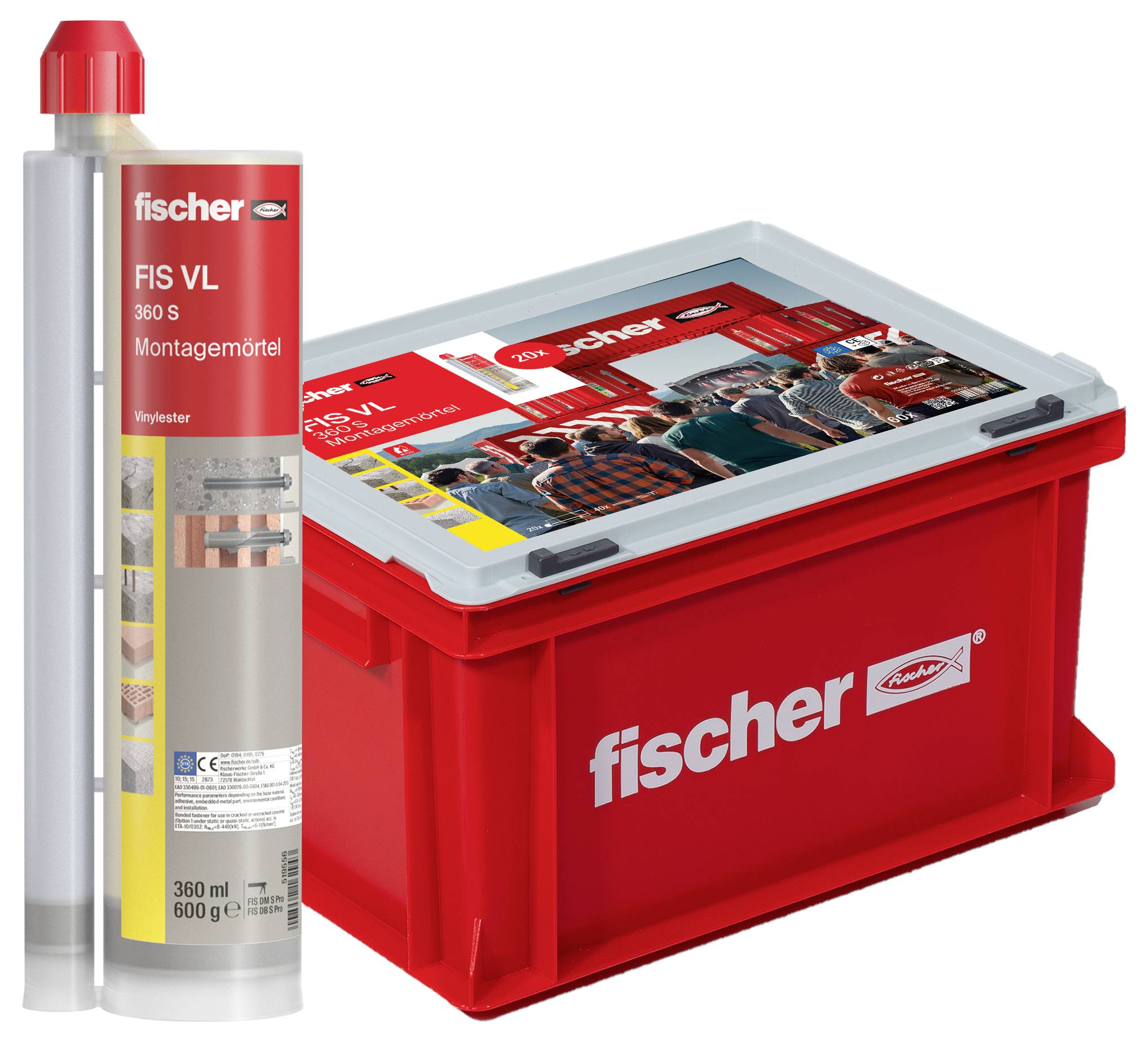 Ein roter Fischer-Behälter neben einer Kartusche mit der Aufschrift 'FIS VL 360 S Montagemörtel'. Geeignet für Bauanwendungen.
