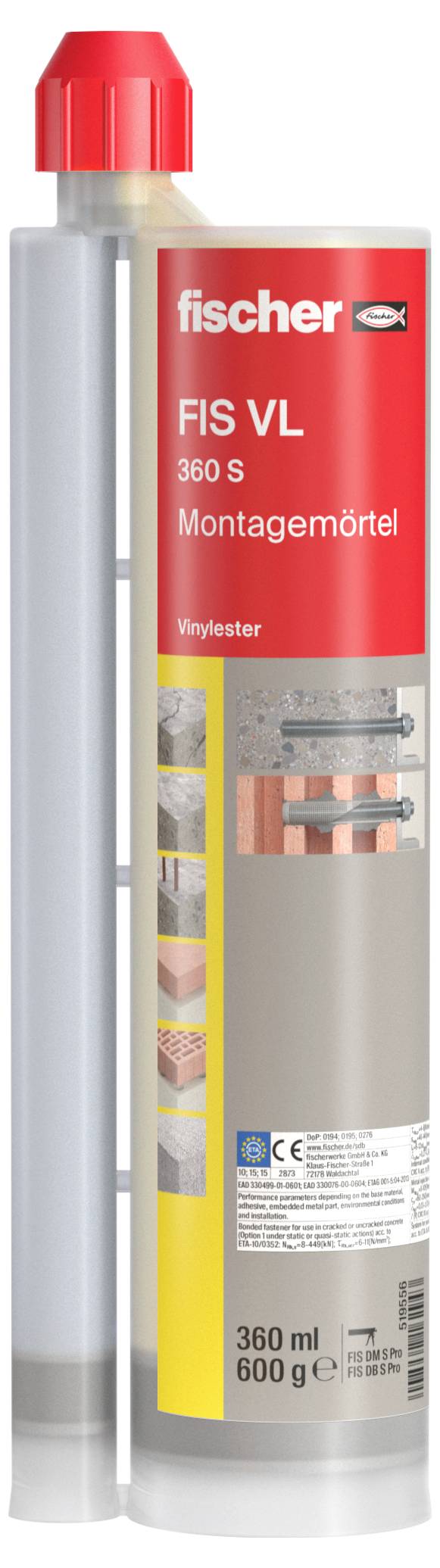 Zwei-Komponenten Verbundmörtel von Fischer, Typ FIS VL 360 S, in einer Kartusche mit roter Kappe, geeignet für verschiedene Baumaterialien.