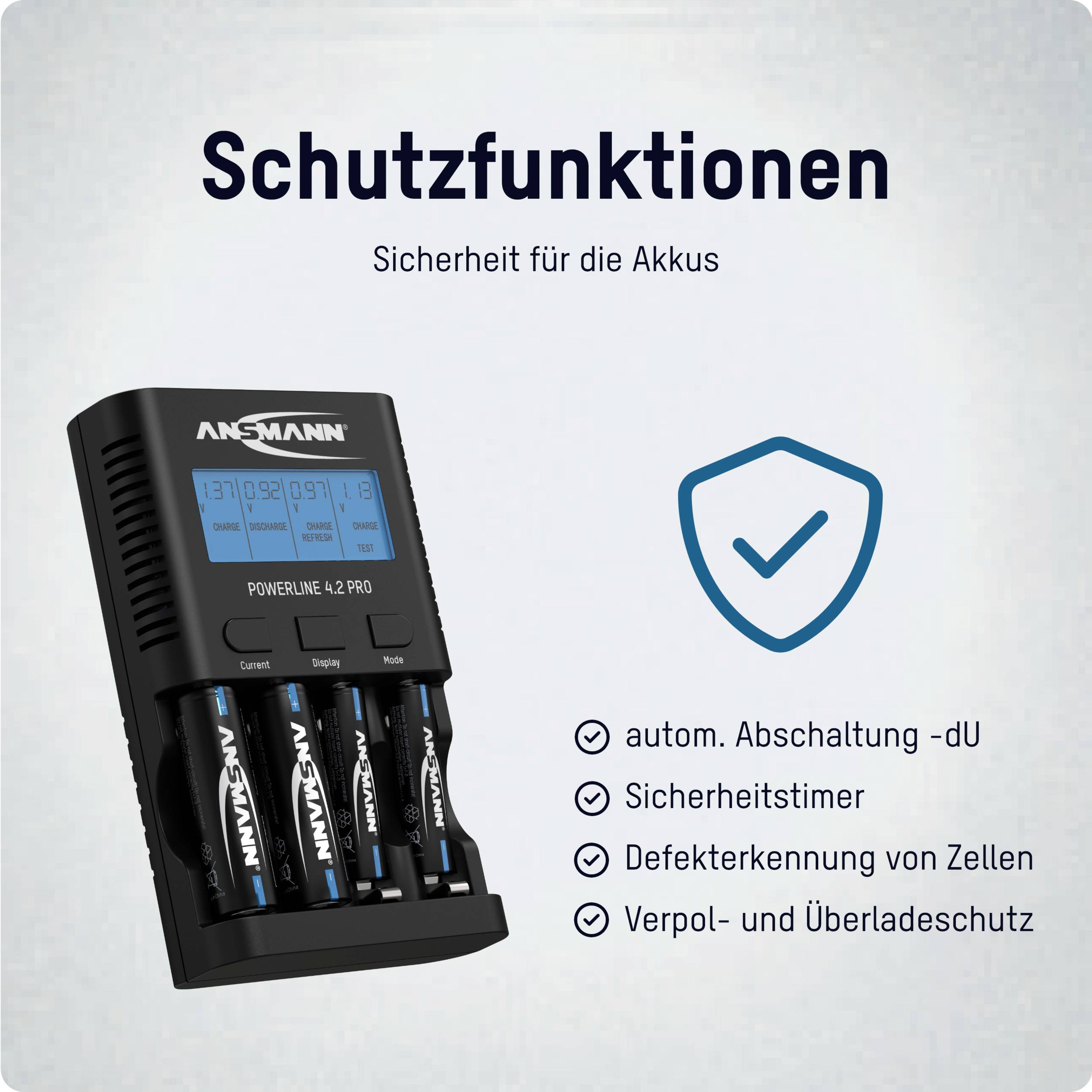 Ladegerät mit eingelegten Akkus, daneben ein Schildsymbol. Text: 'Schutzfunktionen - Sicherheit für die Akkus'. Funktionen: aut. Abschaltung, Sicherheitstimer, Defekterkennung.