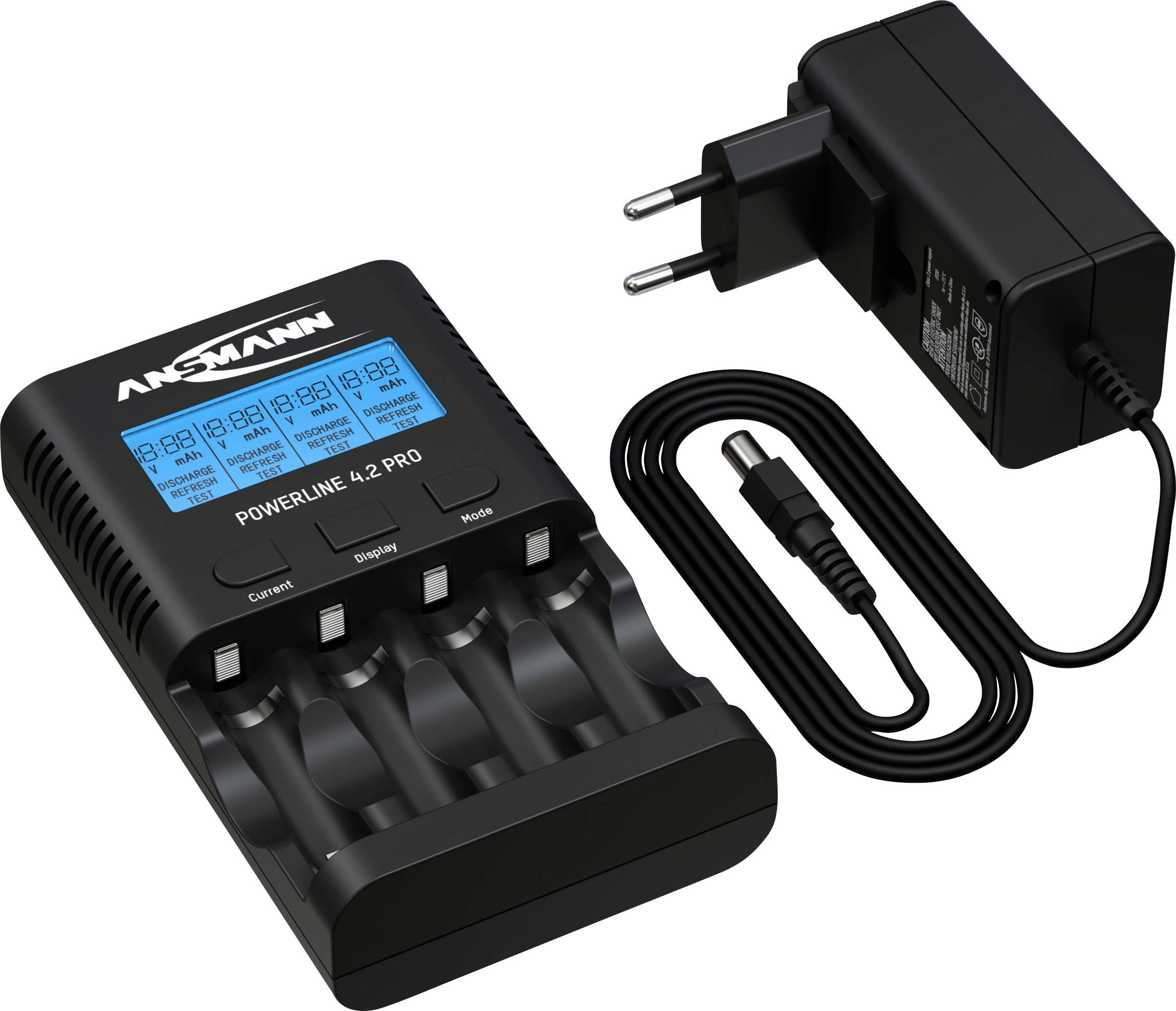 Ladegerät mit vier AA-Batteriefächern, LCD-Display mit Ladeinformationen. Enthält Netzteil und abnehmbares Kabel.