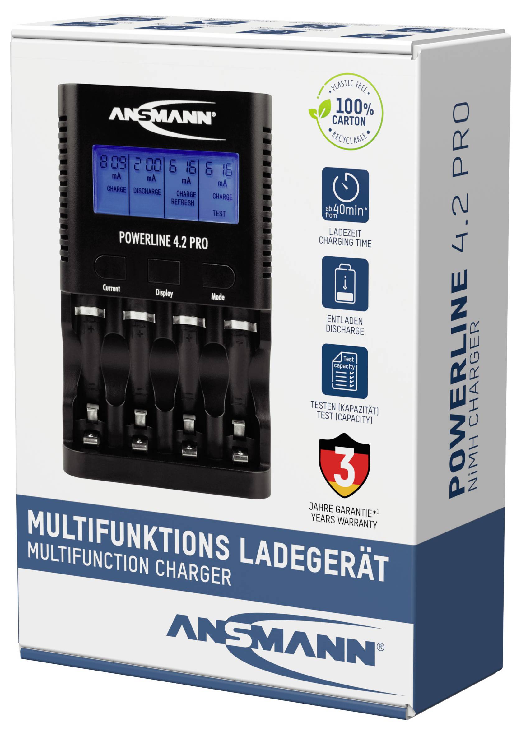 Multifunktions-Ladegerät für AA- und AAA-Akkus von ANSMANN mit LCD-Anzeige, schnellem Ladevorgang und Energiesparfunktion.