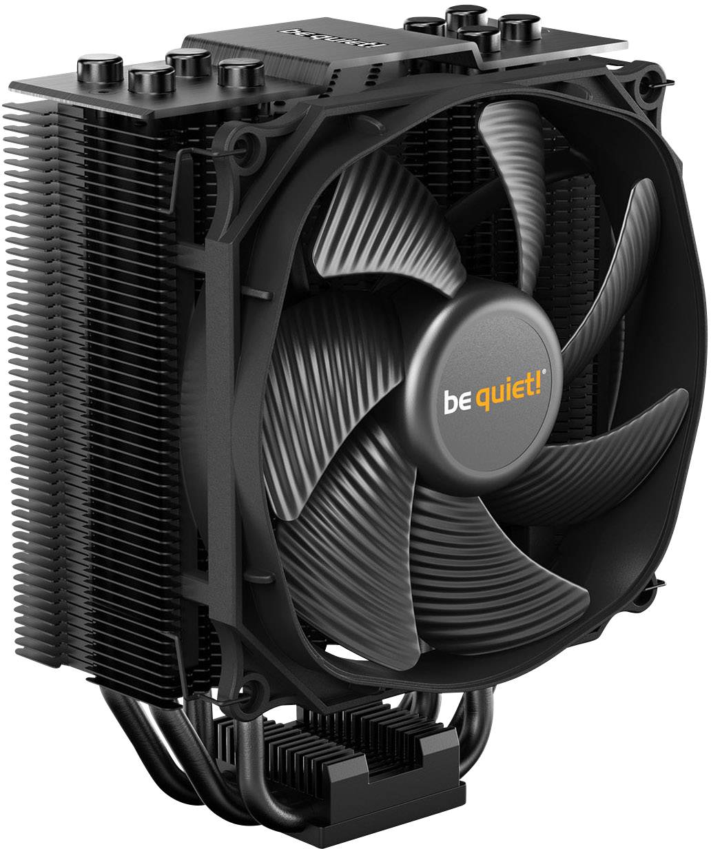 Kühlkörper mit Lüfter von 'be quiet!' für Computer, schwarze Oberfläche, mehrere Heizkörperlamellen, zylindrischer Lüfter.