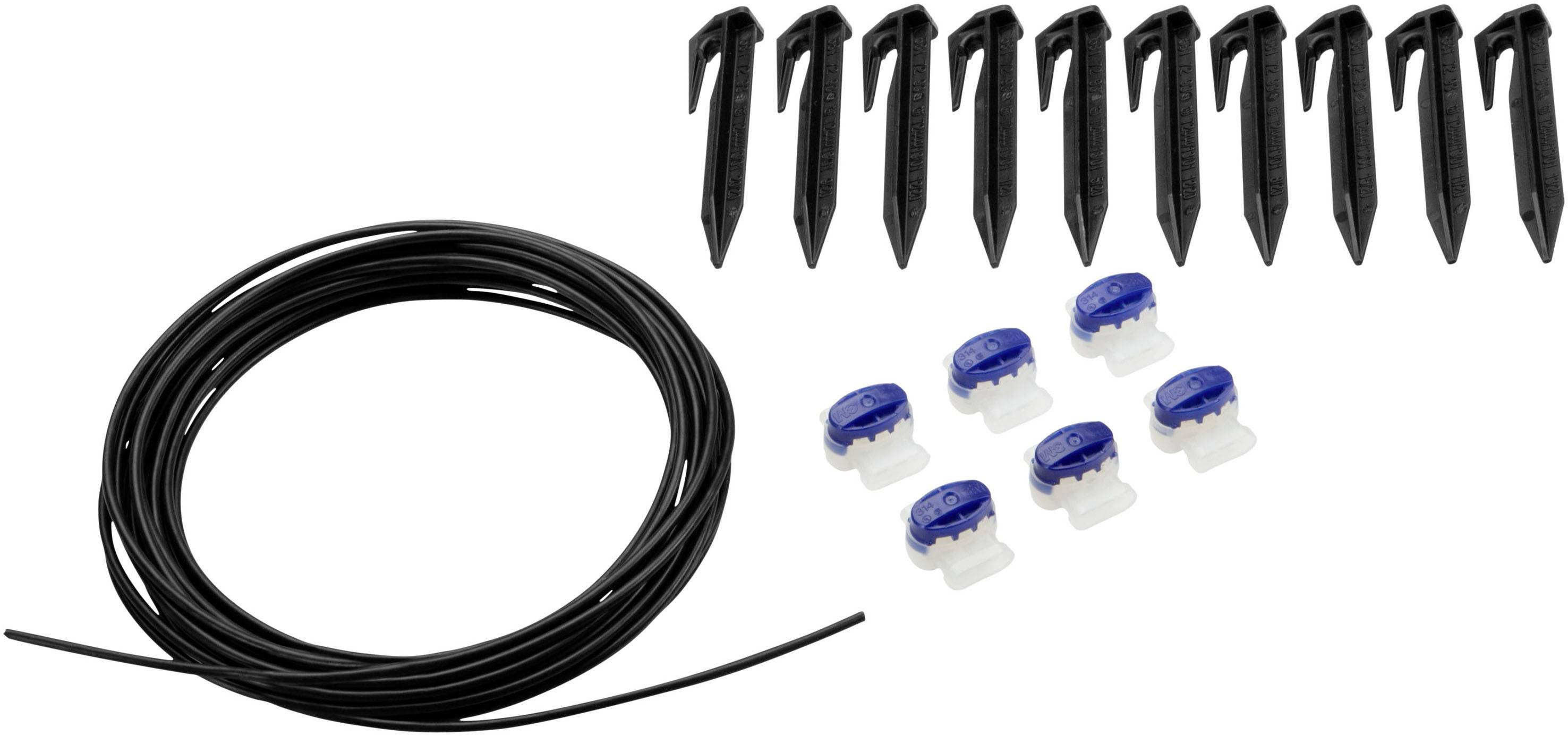 Set mit Draht, Befestigungsklammern und Verbindungsstücken zur Installation eines Begrenzungskabels für automatisierte Gartenwerkzeuge.