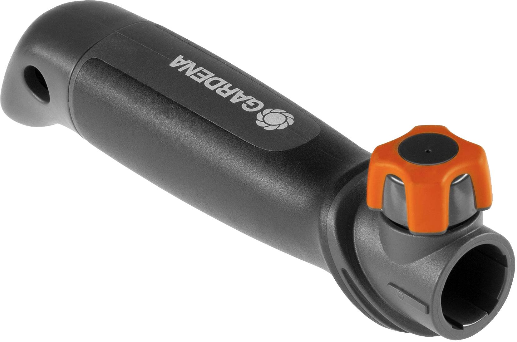 Schwarzer Gartenschlauchadapter mit orangefarbenem Drehverschluss, Marke Gardena.