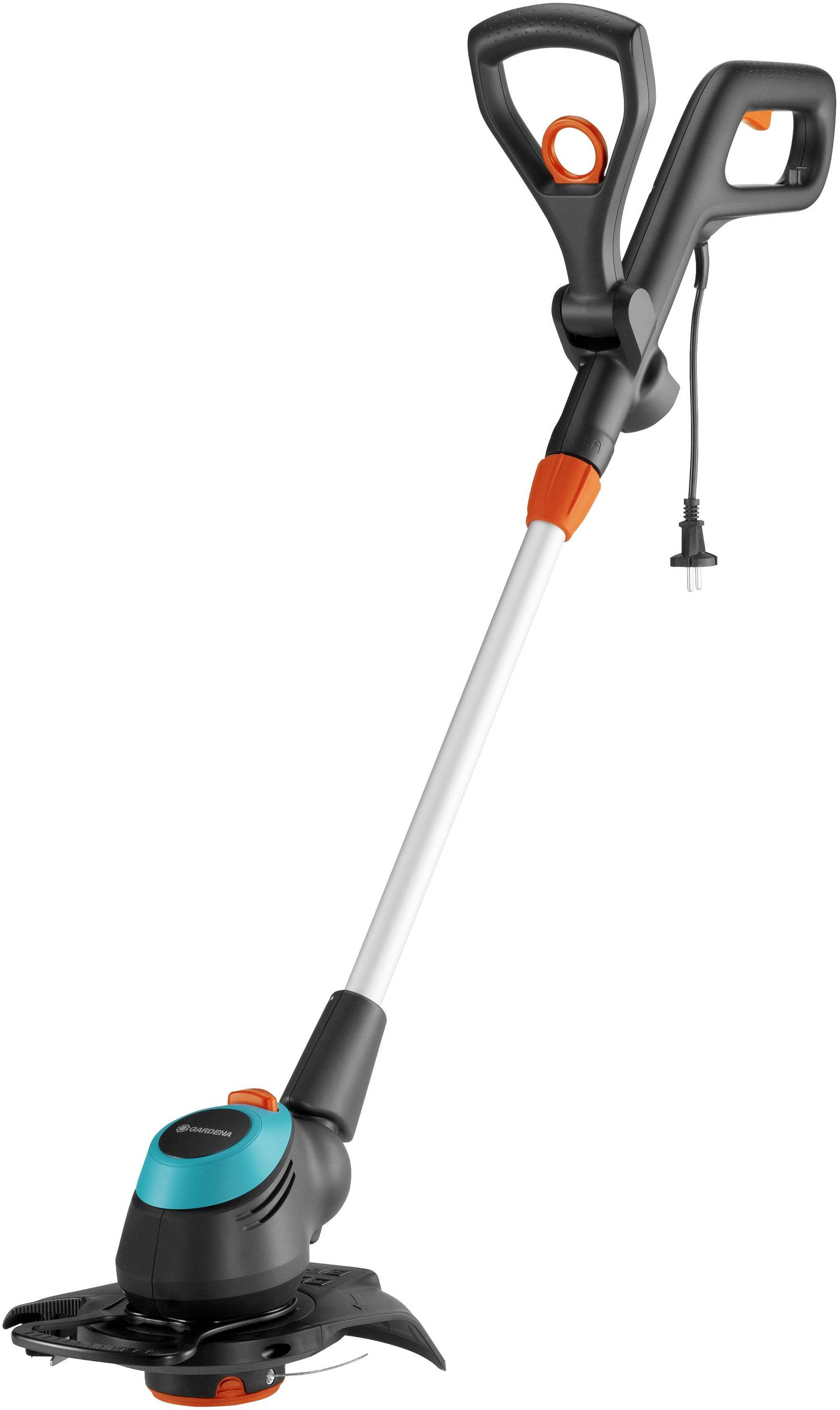 Elektrischer Rasentrimmer mit ergonomischem Griff und einstellbarem Schneidkopf, ideal für präzise Rasenkantenpflege.
