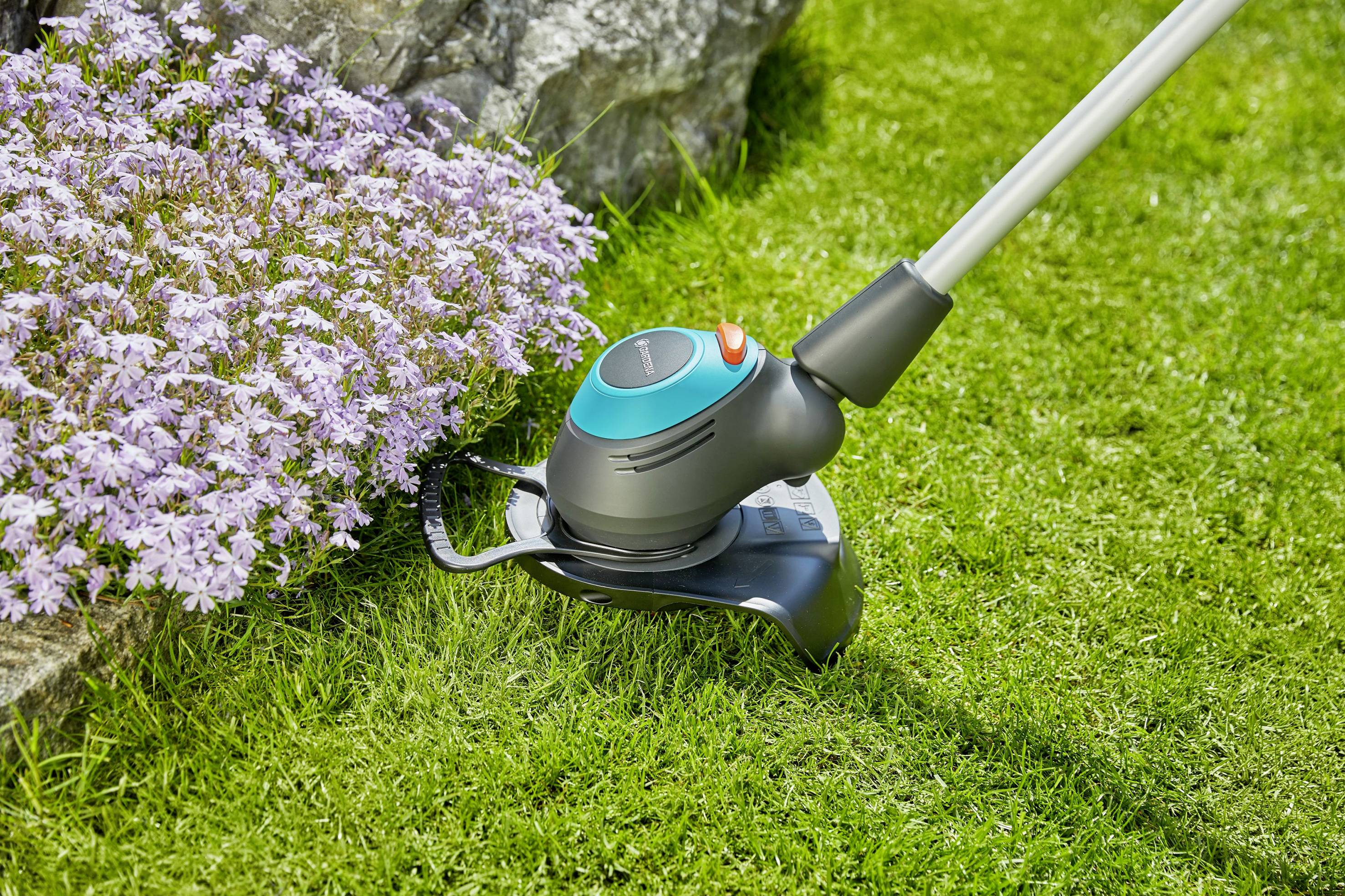 Ein Rasenmäher mit blauem Griff trimmt Gras in der Nähe einer Bordüre mit lila Blüten, auf einem gepflegten Rasen.