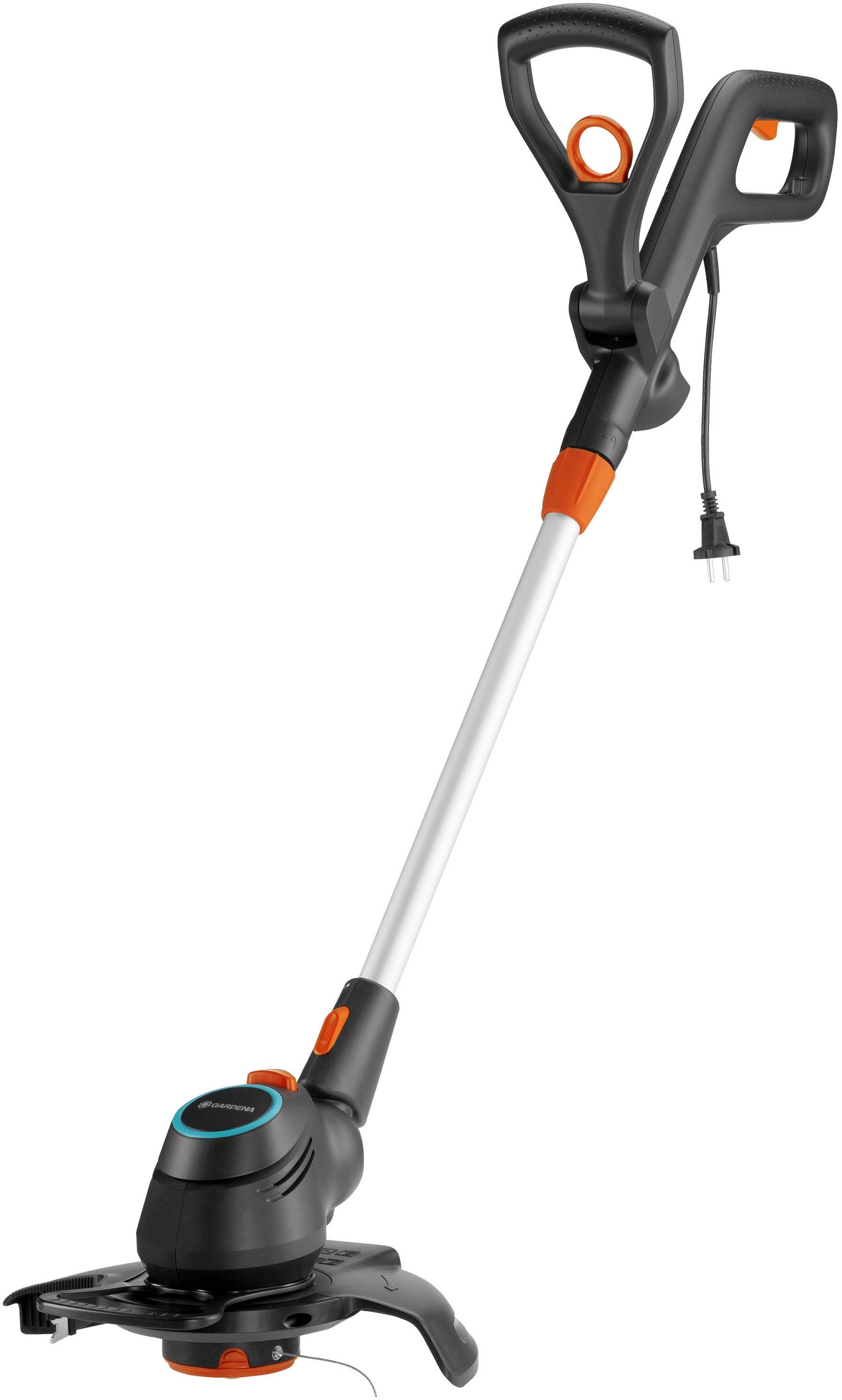 Elektrischer Rasentrimmer mit ergonomischem Griff, langer Stange und einer Klinge zur Pflege von Rasenflächen.