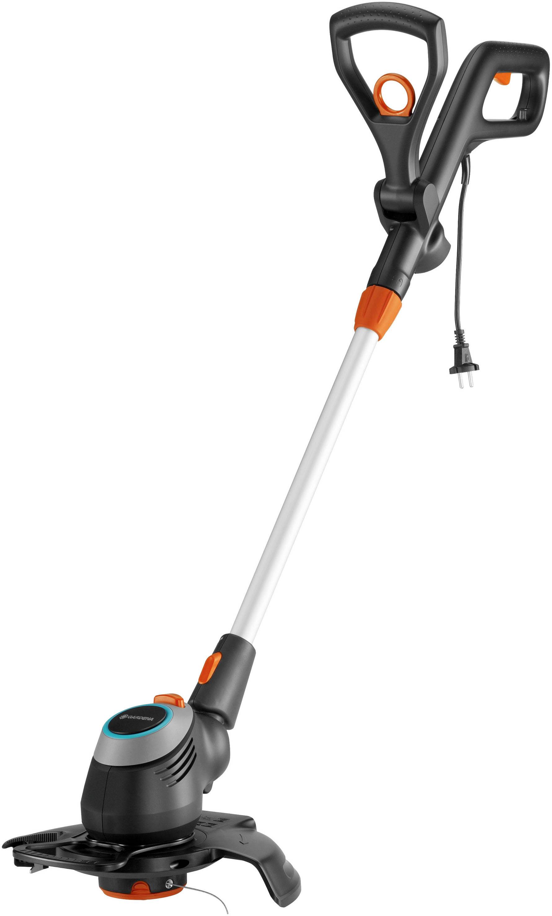 Elektrischer Rasentrimmer mit ergonomischem Griff und verstellbarem Teleskopstiel. Geeignet für präzise Rasenpflege.