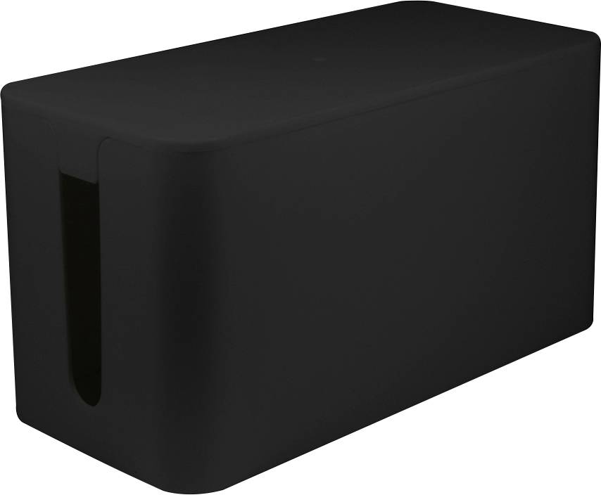 Eine schwarze Kabelbox mit rechteckiger Form und abgerundeten Ecken, geeignet zur Organisation und Verdeckung von Kabeln in einem Raum.
