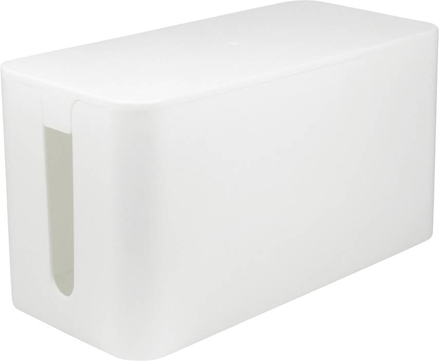Eine weiße, rechteckige Kabelbox mit abgerundeten Ecken und seitlicher Öffnung zur Kabelorganisation.