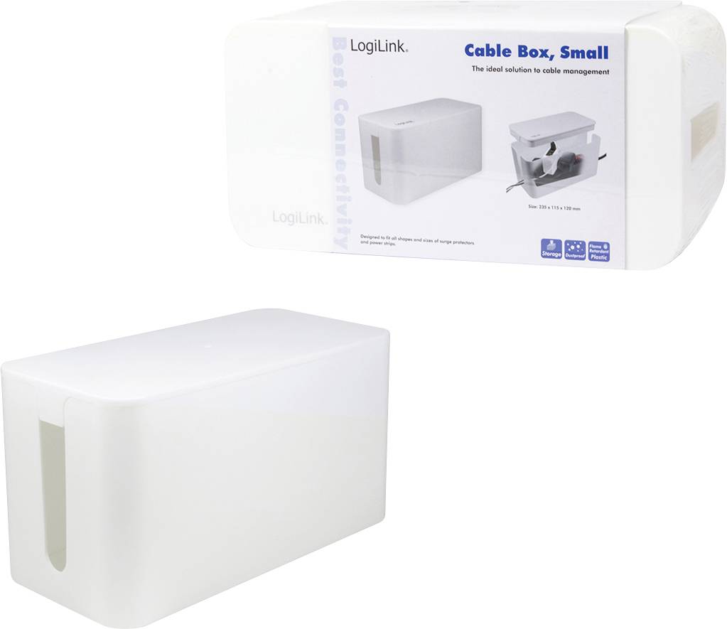 Kabelbox, klein, weiß, zur Kabelorganisation. Markenname oben auf der Verpackung. Produktabbildung und Maße sichtbar.