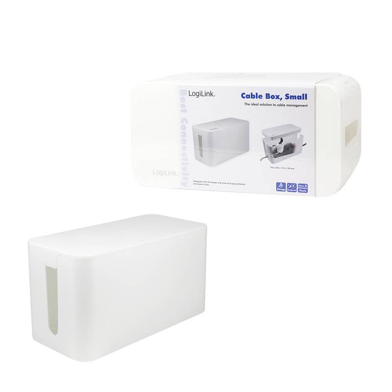 Eine kleine Kabelbox von LogiLink, verpackt und einzeln, zur sicheren Verwaltung von Kabeln. Aufdruck: 'The ideal solution to cable management'.