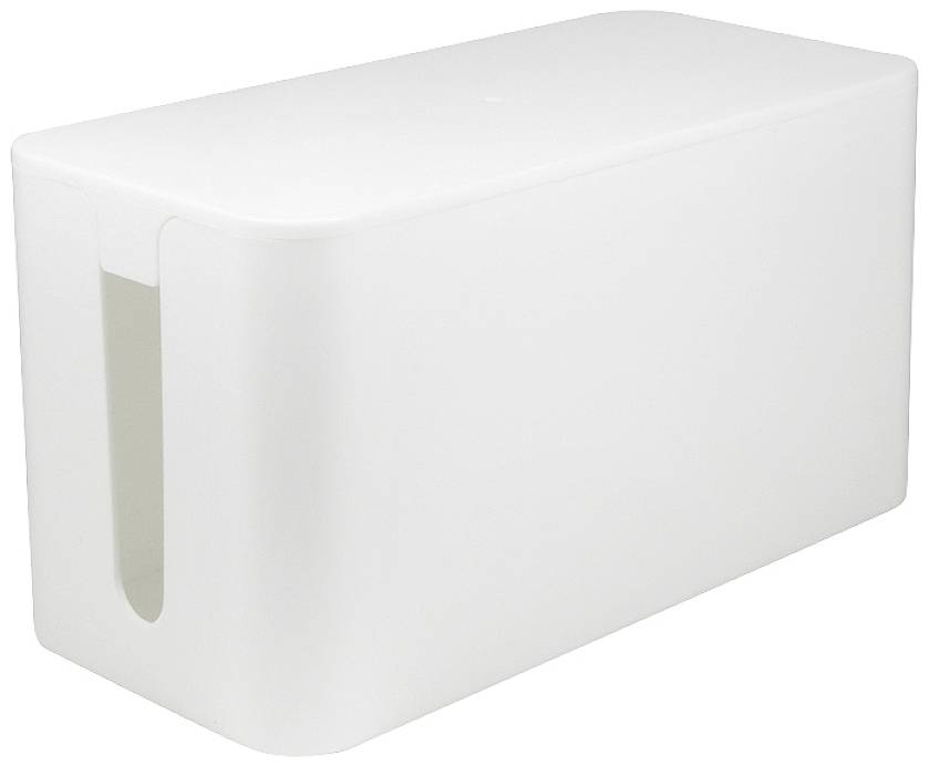 Weiße Kabelbox mit abgerundeten Ecken und einem Schlitz auf der Vorderseite zum Verstecken von Kabeln.
