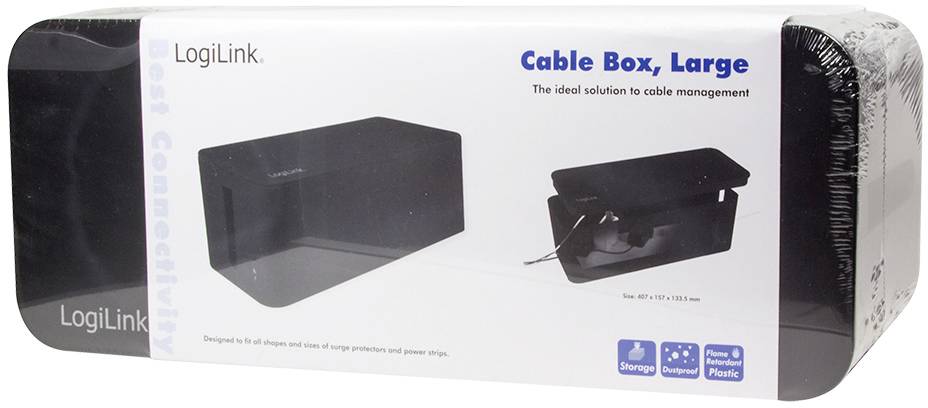 Kabelbox, groß, von LogiLink zur Kabelorganisation. Länge: 405 mm. Hergestellt aus recyceltem Kunststoff.