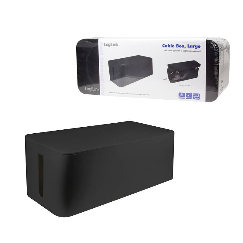 Ein rechteckige schwarze Kabelbox von LogiLink zur sicheren Aufbewahrung von Kabeln. Verpackung zeigt Produktabbildung und Maße.