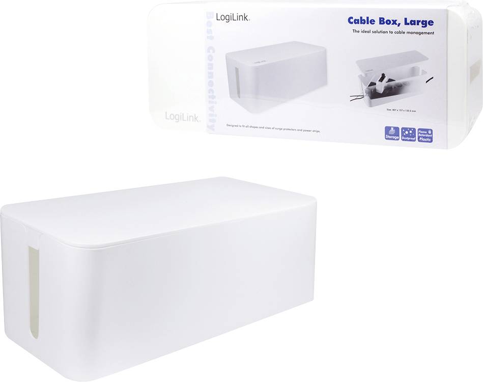 Weiße Kabelbox zur Kabelorganisation, abgebildet in einer Verpackung mit Aufdruck 'Cable Box, Large'. Ideal zur Ordnung von Kabeln.