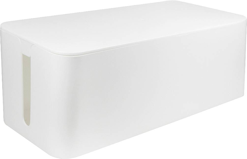 Weiße Kabelbox mit abgerundeten Ecken, ideal zur ordentlichen Anordnung und Verbergung von Kabeln auf einem Schreibtisch oder Boden.