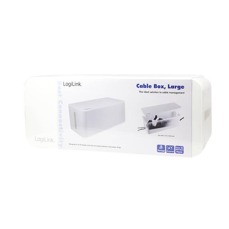 Weiße Kabelbox von LogiLink, große Größe. Aufdruck: 'Cable Box, Large. The ideal solution in cable management.' Verpackungsbild mit Kabelaufbewahrung.