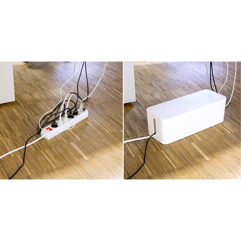 Links sind Kabel und eine Steckdosenleiste auf einem Holzboden zu sehen. Rechts sind sie ordentlich in einer weißen Box verstaut.