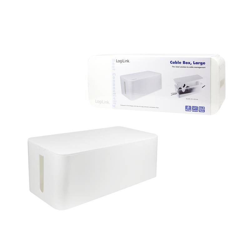 Kabelbox von LogiLink, groß, zur ordentlichen Aufbewahrung von Kabeln, in Weiß. Verpackung zeigt Produktabbildung und Details.