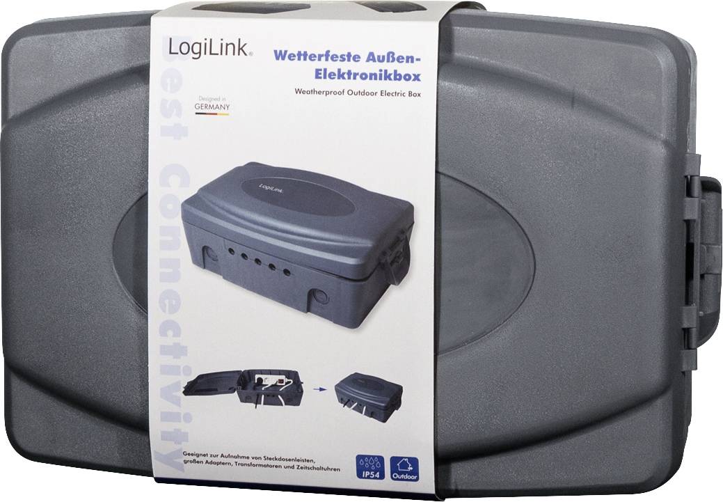Graue wetterfeste Elektronikbox von LogiLink mit Aufkleber 'Wetterfeste Außen-Elektronikbox', geeignet für den Außenbereich.