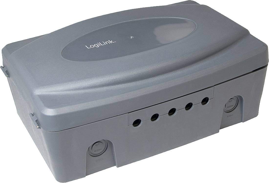 Graue LogiLink-Verteilerbox mit mehreren Kabelöffnungen, geeignet für den Einsatz im Freien.