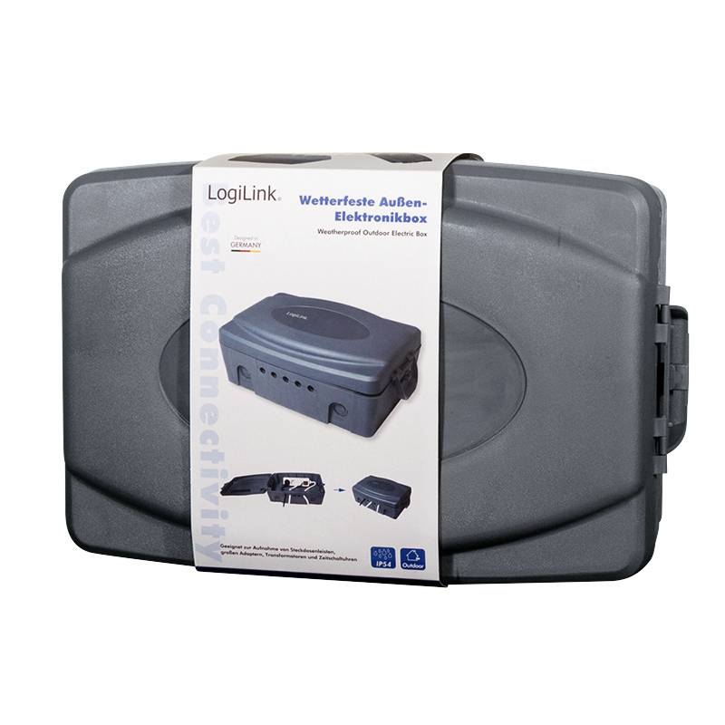 Graue wetterfeste Elektronikbox von LogiLink mit Bild und Beschriftung auf der Verpackung, ideal für den Außenbereich.