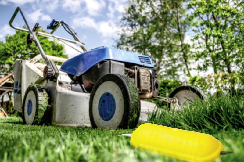 Ein blauer Rasenmäher steht auf einer Wiese mit hohem Gras unter einem klaren Himmel, daneben liegt ein gelber Gegenstand.