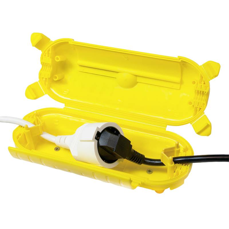 Ein gelber wasserdichter Kabelverbinder schützt Steckverbindungen. Ideal für den Einsatz im Freien zur Erhöhung der Sicherheit.