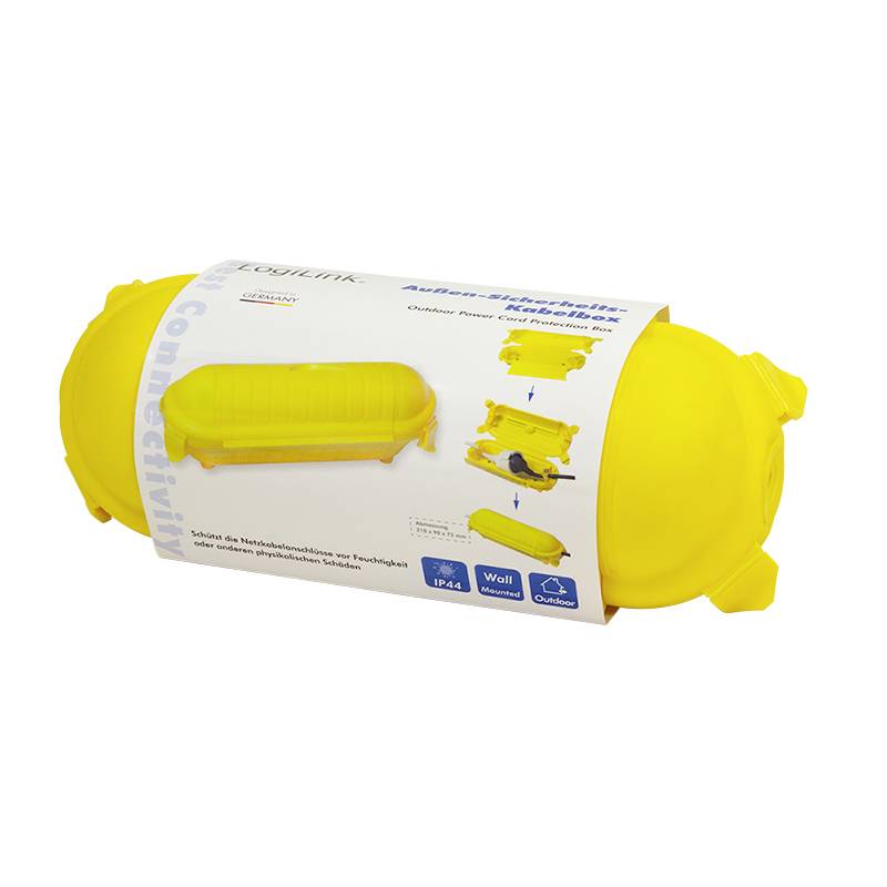 Gelbe Kabelabzweigdose für den Außenbereich mit Schutzart IP44, ideal für Wetterschutz. Verpackung zeigt Anwendungsmöglichkeiten.