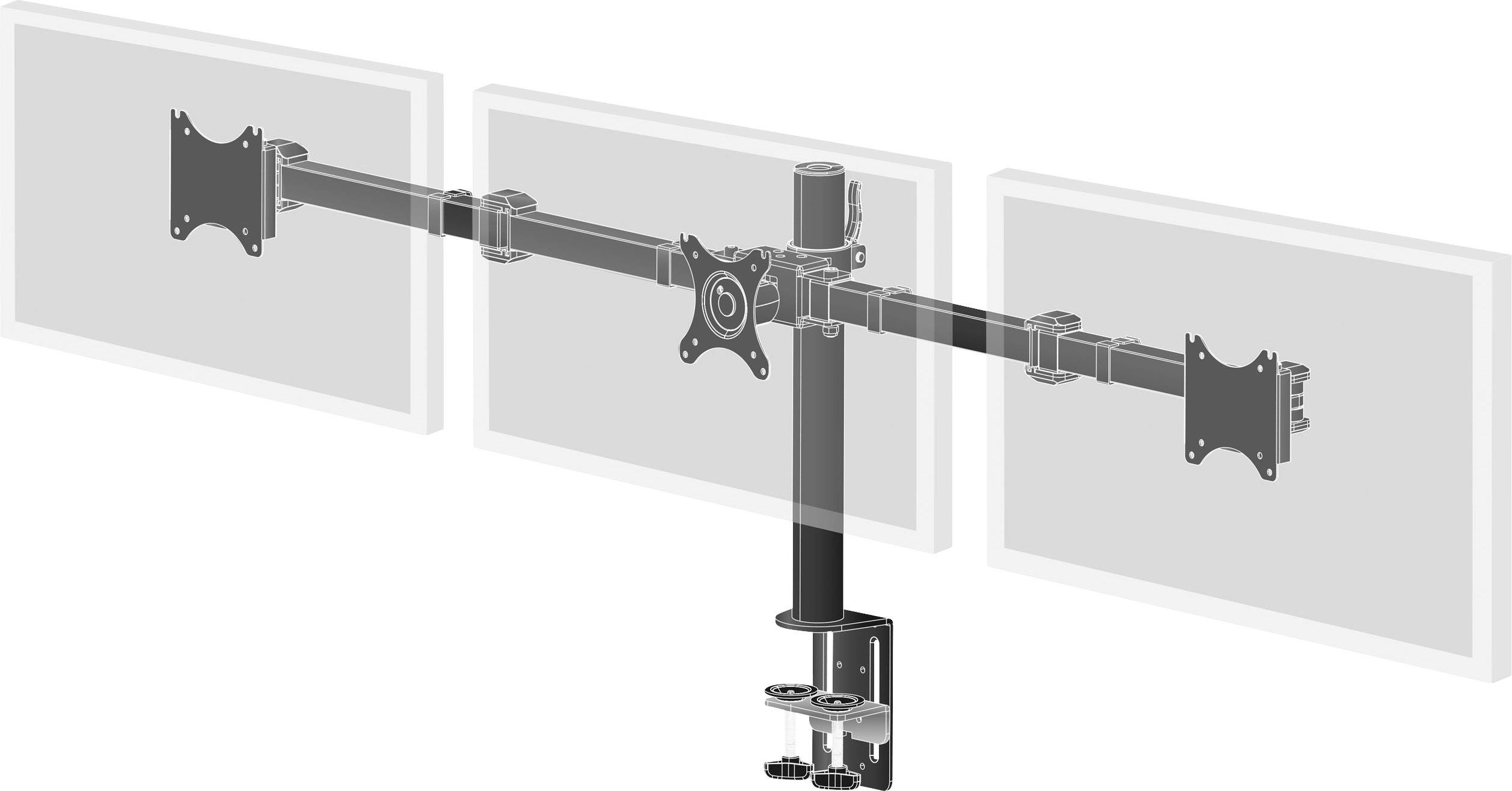 Monitorhalterung für drei Bildschirme, mit verstellbaren Armen an einer zentralen Stange montiert. Geeignet für ergonomische Arbeitsplatzgestaltung.
