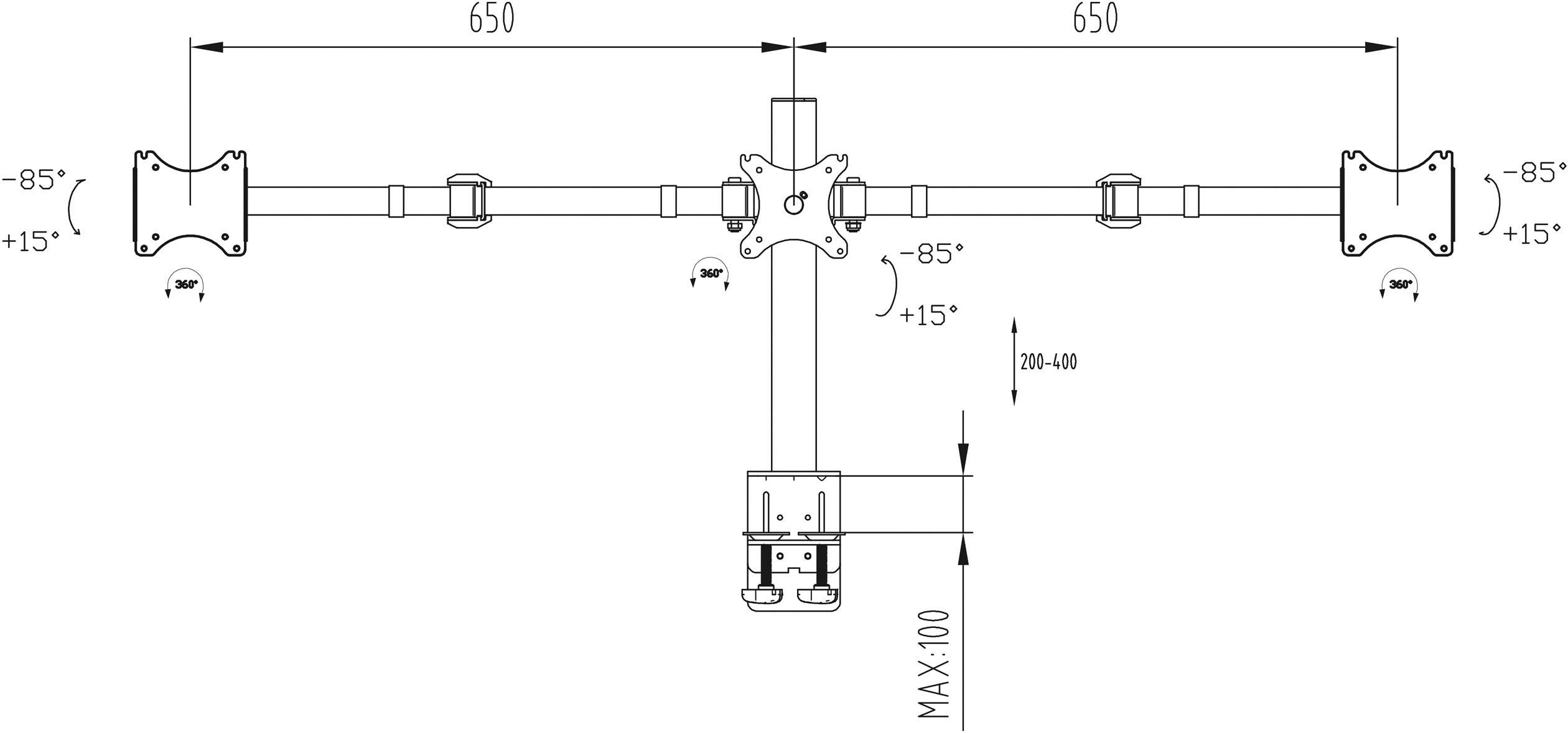 Technische Zeichnung eines doppelten Monitorarms. Arme 650 mm lang, neigbar um ±85° und drehbar um ±15° mit Höhenverstellung 280-400 mm.