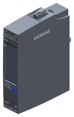 Ein graues Siemens-Modul, das für 'AI 4xU/I 2-wire' gekennzeichnet ist, mit blauen und schwarzen Elementen auf der Vorderseite.