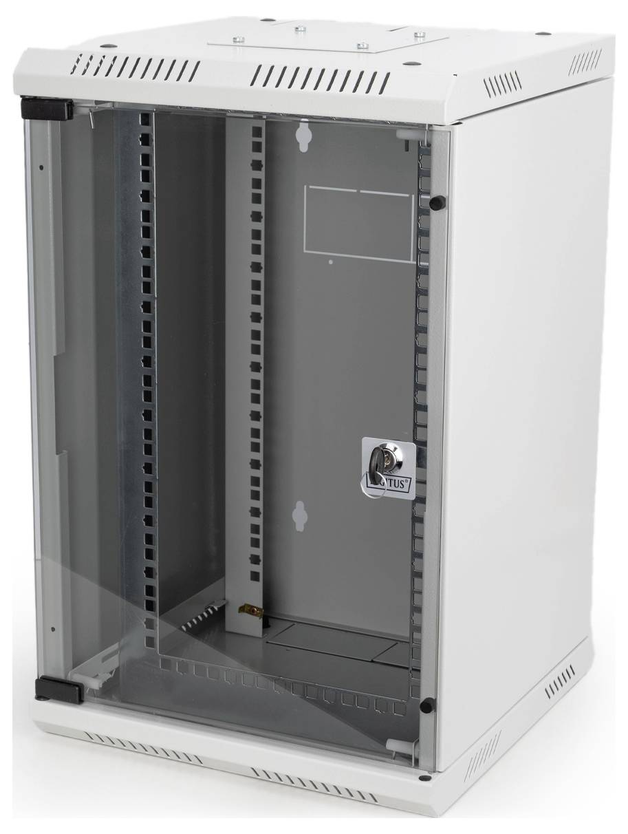Ein leerer, weißer IT-Netzwerkschrank mit Glastür und Metallschloss, geeignet zur Aufbewahrung von Netzwerkgeräten oder Servern.