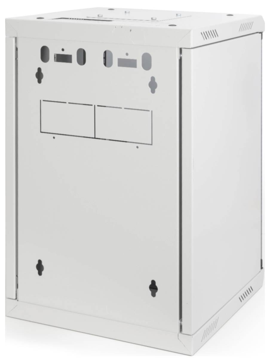 Freistehender, weißer Metallkasten mit mehreren Lüftungsschlitzen und Aussparungen, möglicherweise für elektronische Geräte oder Verkabelungen.