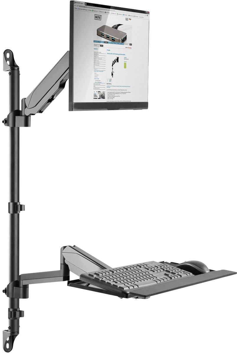 Ein an der Wand montierter, verstellbarer Computerarbeitsplatz mit Monitor, Tastatur und Maus, ideal für platzsparende Lösungen.