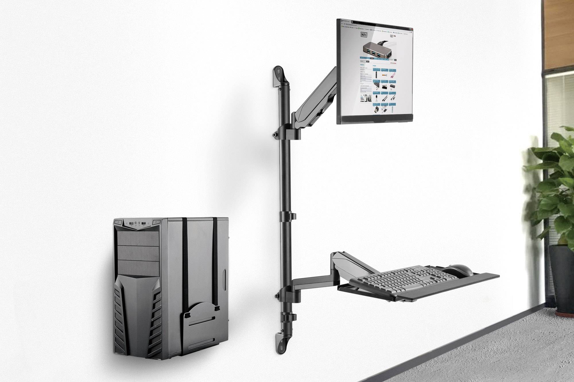 Computerarbeitsplatz an der Wand mit Bildschirm, Tastaturablage und Tower-Halterung. Platzsparendes Design mit modernem Look.