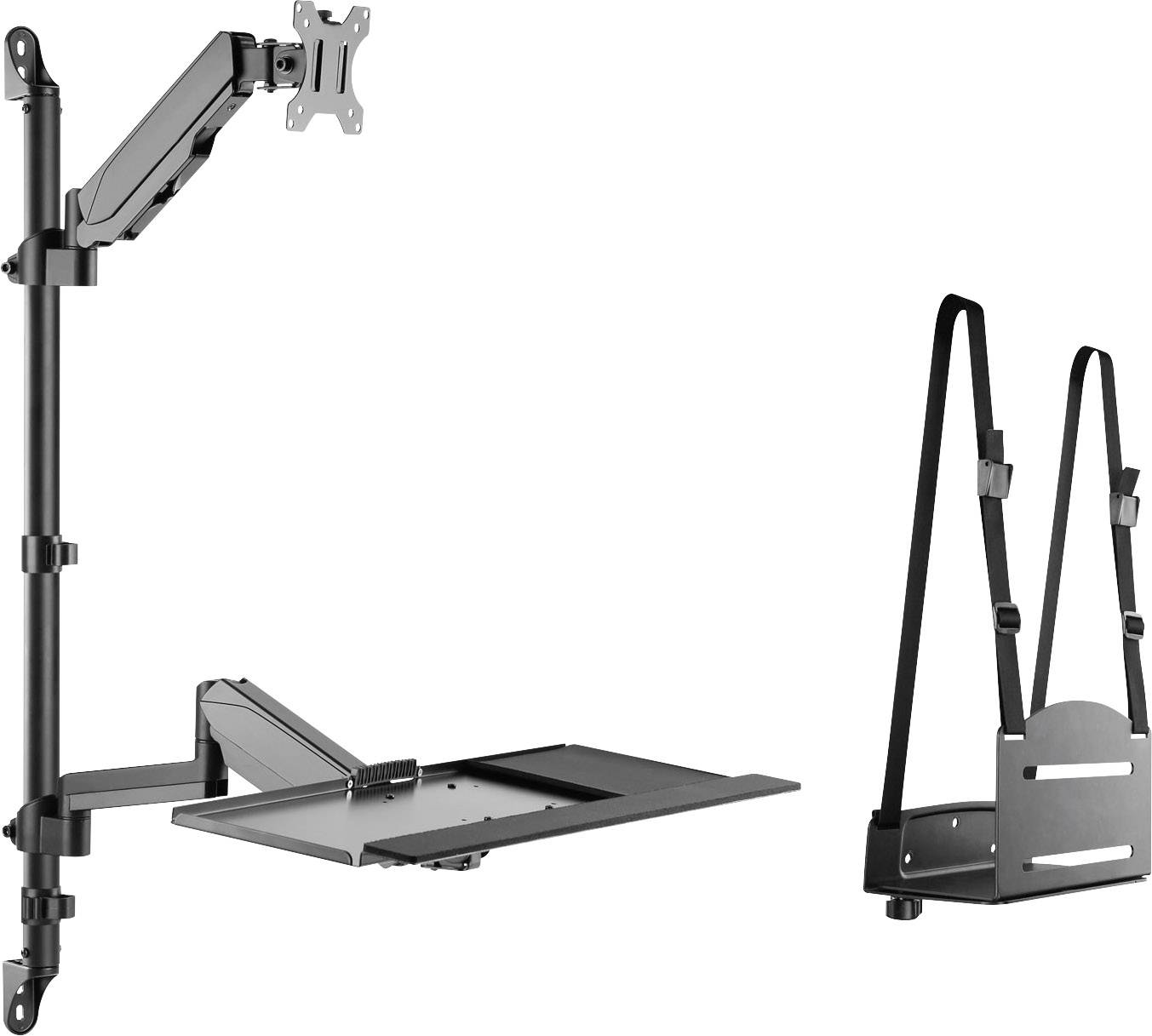 Ein verstellbarer Wandhalterungsarm für Monitore und Laptops neben einer Laptop-Aufbewahrungshalterung mit Riemen.