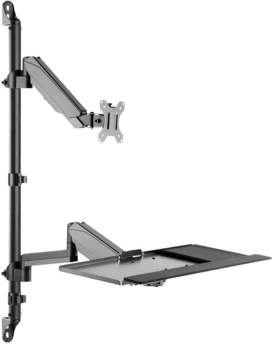 Ergonomischer Monitor- und Laptop-Halter zur vertikalen Befestigung an einer Stange, ideal zur Platzoptimierung im Büro.