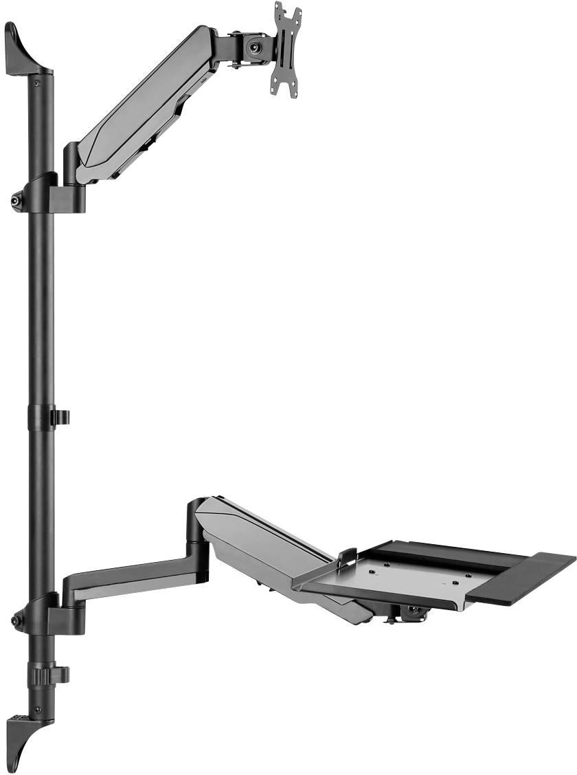 Computermonitor- und Tastaturhalterung mit verstellbaren Armen zur Befestigung an einem Tisch.
