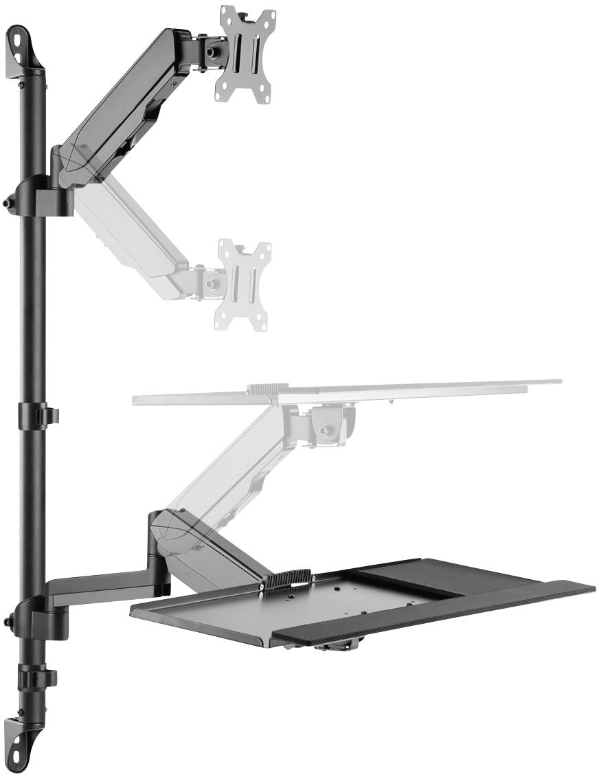 Höhenverstellbarer Doppelmonitorarm mit Tastaturablage. Zeigt flexible Halterungen für Monitore und ergonomische Arbeitspositionen.