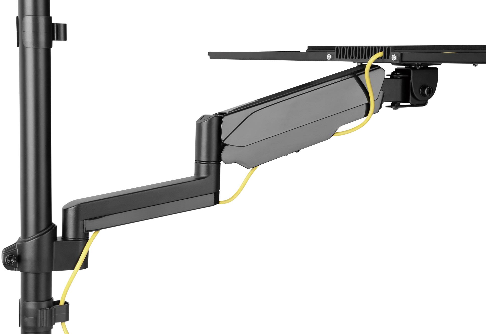 Büroschreibtischhalterung mit Gelenkarm für Monitore. Cable-Management-System integriert, mit gelben Kabeln geordnet.
