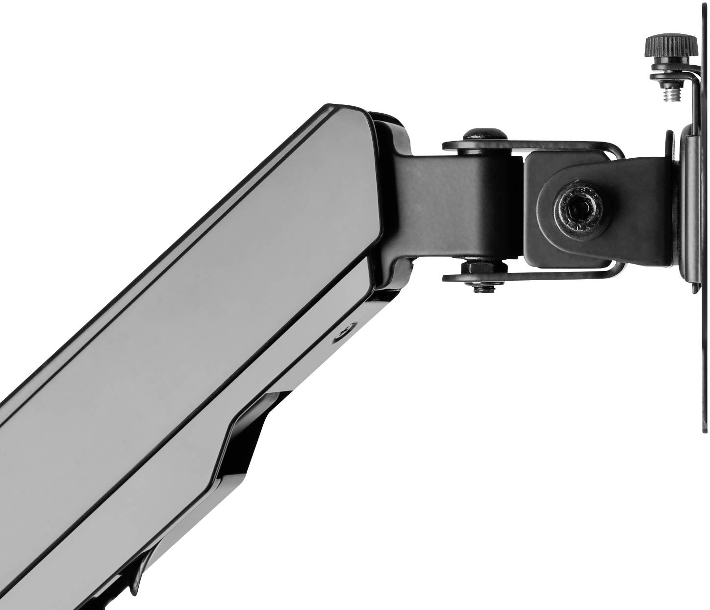 Ein schwarzer Monitorarm aus Metall ist seitlich an einem Schreibtisch befestigt, ermöglicht flexibles Positionieren eines Monitors.