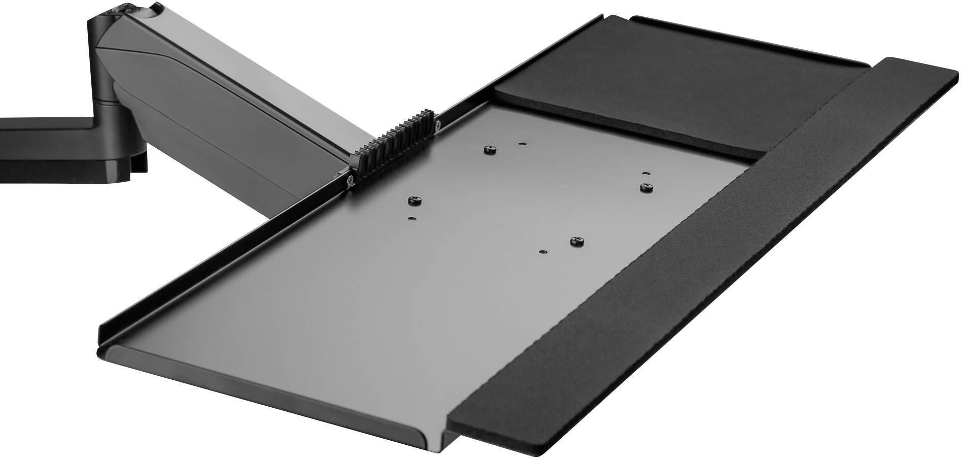 Schwarzes, verstellbares Tastaturtablett mit Mausablage, montiert an einem schwenkbaren Arm. Ideal für ergonomisches Arbeiten.