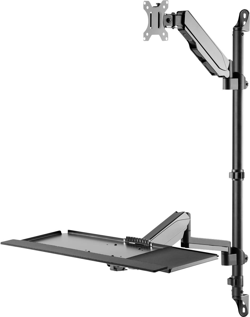 Ein ergonomischer Monitorhalterungsarm mit integrierter Tastaturablage zur flexiblen Bildschirmplatzierung und komfortablen Arbeitsposition.