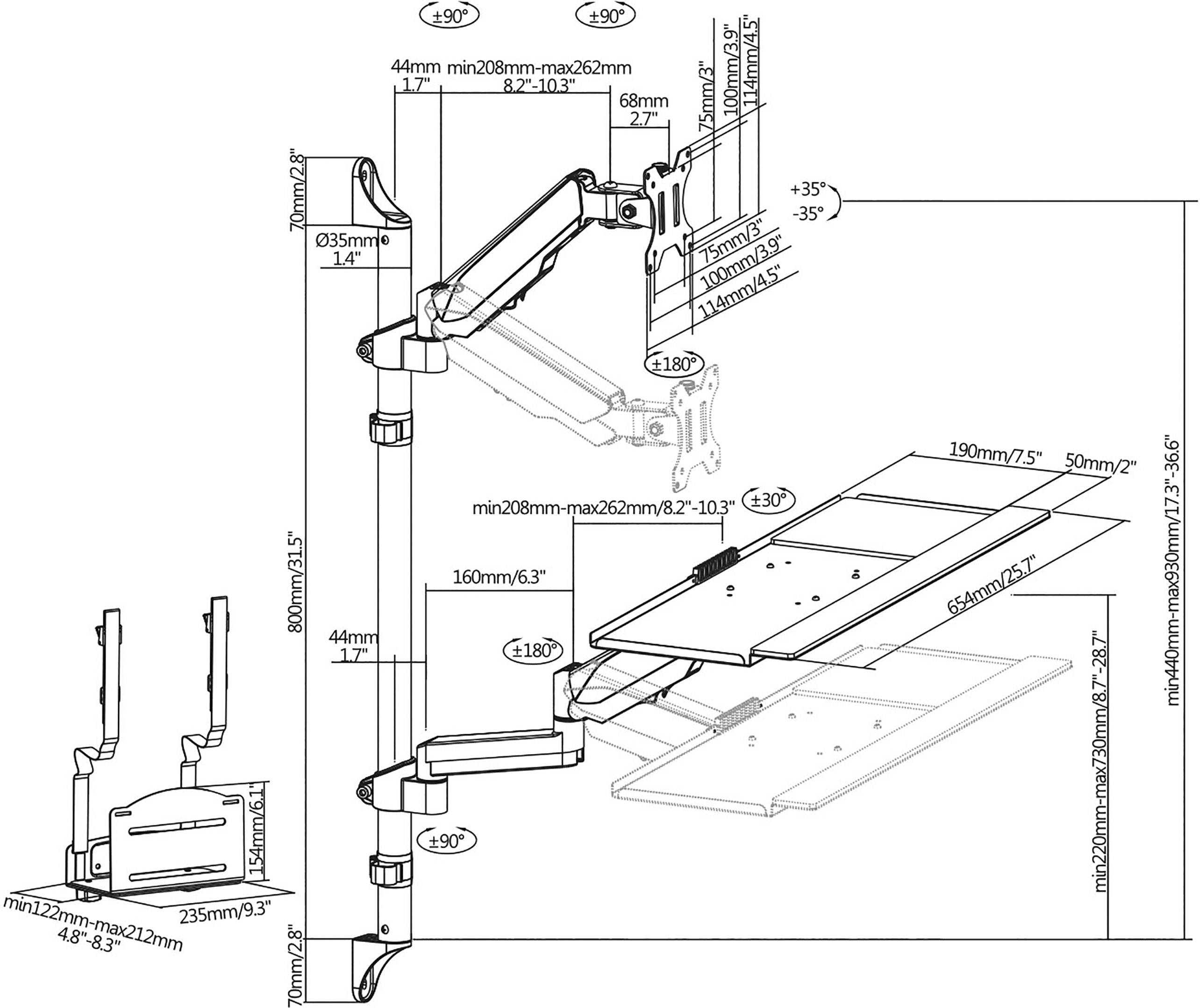 Technische Zeichnung eines einstellbaren Monitorarms mit Maßen in Millimetern und Zoll. Zeigt detaillierte Abmessungen und Bewegungswinkel.